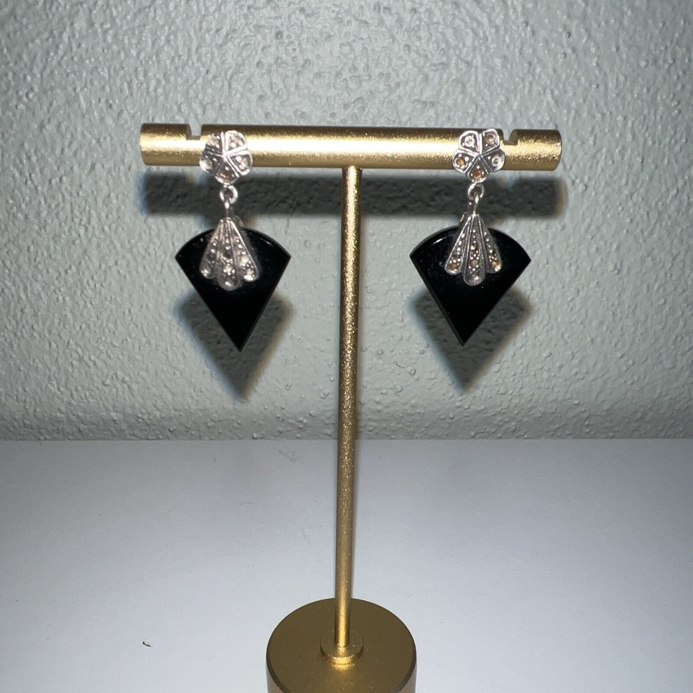 Estate ‎ Victoria marcasite Earrings Dangle Fan Onyx Sterling Silver 925